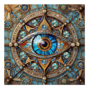 Póster Terceiro Olho - Mandala Dourada Azul Turquesa