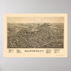 Poster Termas de Ballston, mapa panorâmico de NY - 1890