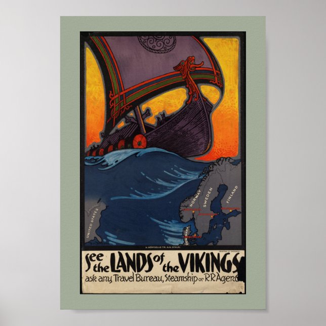 Póster Terra de Anúncio de viagens vintage dos Vikings (Frente)