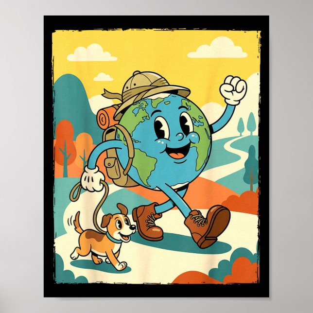 Poster Terra sorridente caminhada com cachorro desenho re (Frente)