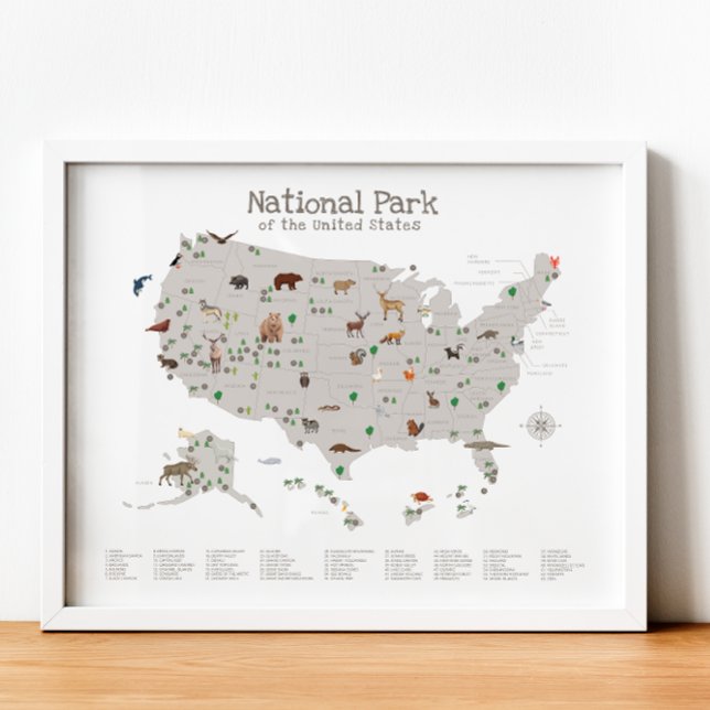 Poster Terra Tone National Park Map Woodland Nursery (Earth Tone National Park Map Woodland Nursery Poster)