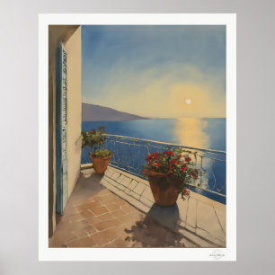 Poster Terraço ao Pôr do Sol com Tela, Vista para o Mar M