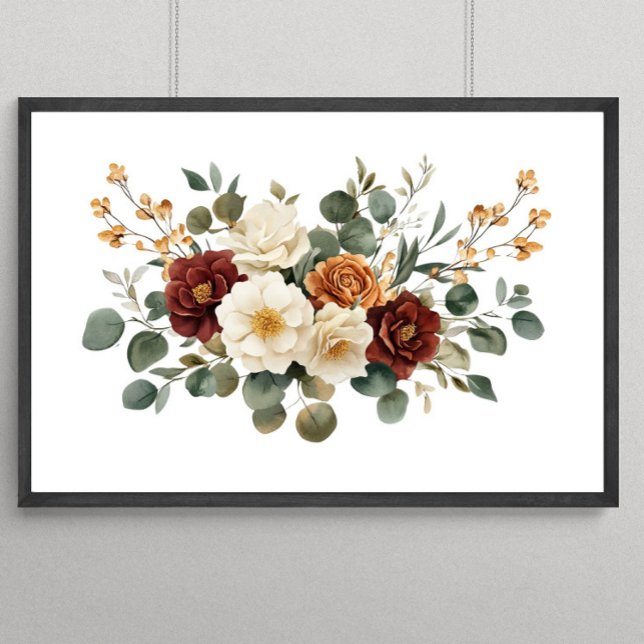 Poster Terracota Flores Botânicos Burgundy Ferrugem Creme (Burgundy Rust Cream Floral with Eucalyptus Wall Art)