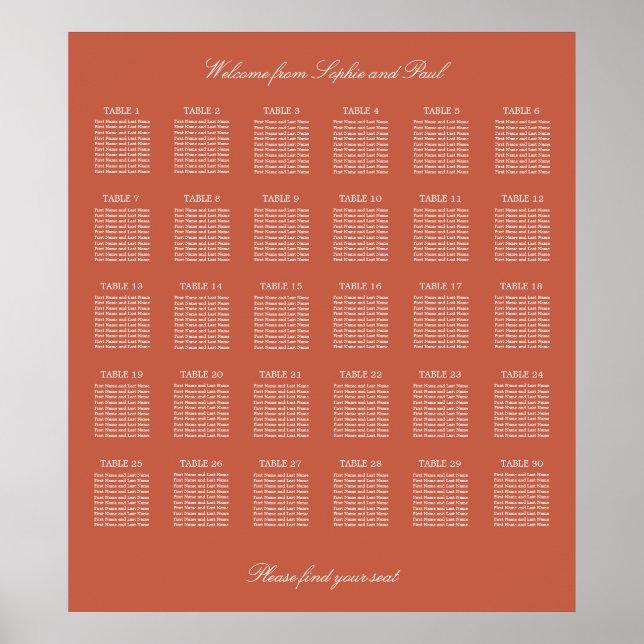 Poster Terracotta 30 Gráfico de Mesa de Casamento de Post (Frente)