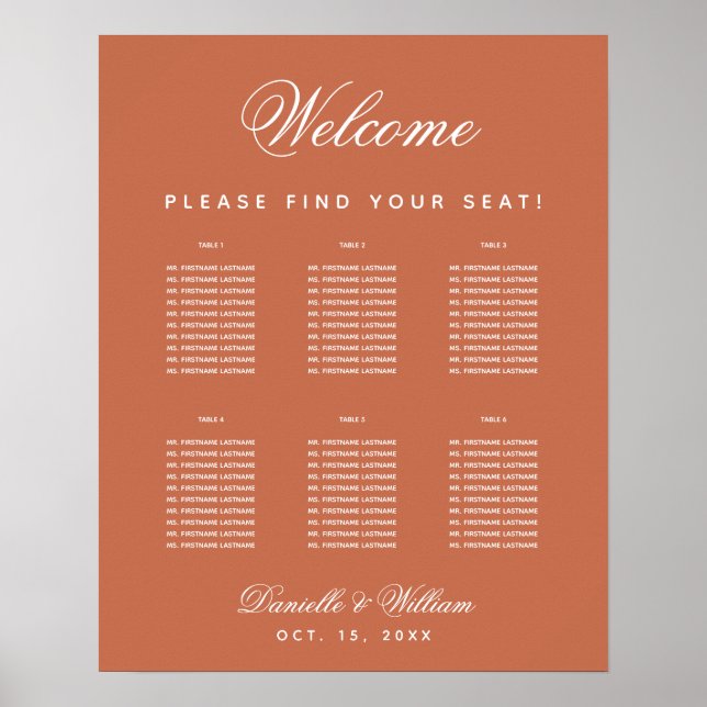 Poster Terracotta Casamento 6 Mesa Simples Seating Chart (Frente)