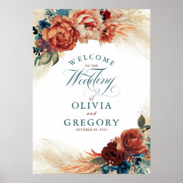 Poster Terracotta e Teal Blue Floral Boas-vindas