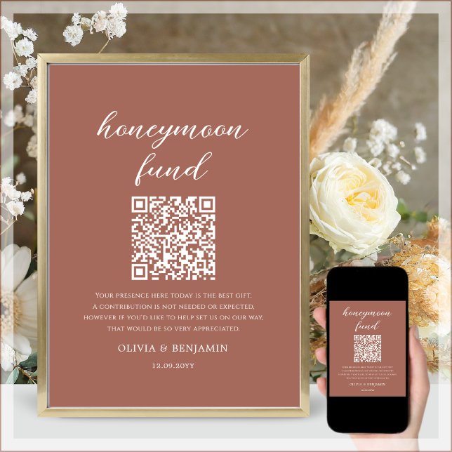 Poster Terracotta Honeymoon Fund Código QR Sinal de Casam (Criador carregado)