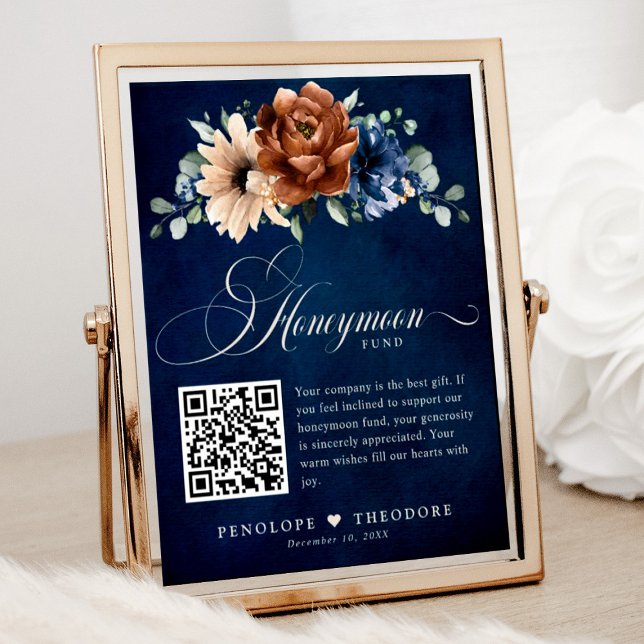 Poster Terracotta Marinho Azul Casamento Lua de mel (Honeymoon fund wedding sign with terracotta and navy florals)