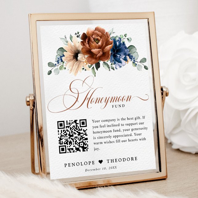 Poster Terracotta Marinho Azul Casamento Lua de mel (Honeymoon fund QR code sign with terracotta and navy flowers)