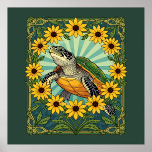 Poster Terrapin E Flores Black Eyed Susan Art Nouveau