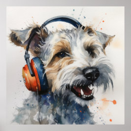Poster Terrier ouvindo fones de ouvido laranja