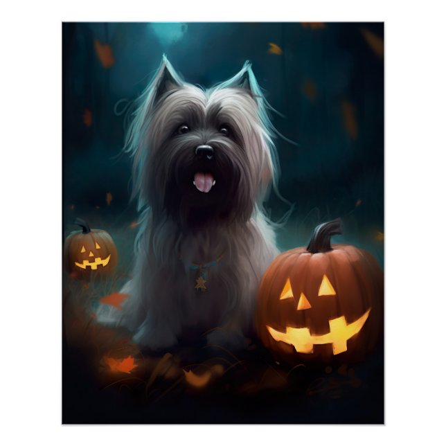 Póster Terrier Skye de Halloween com Abóboras Assustador (Frente)