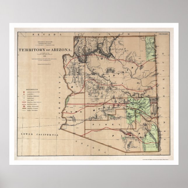 Póster Território Do Mapa De Arizonas De 1876 (Frente)