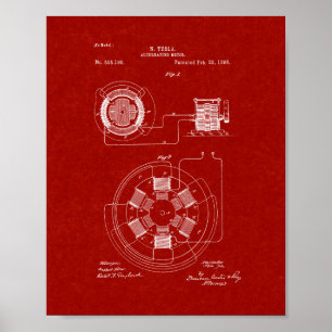 Poster Tesla Alternativa Motor Patent - Vermelho Borgonha