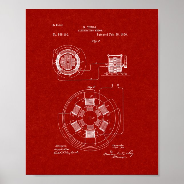 Poster Tesla Alternativa Motor Patent - Vermelho Borgonha (Frente)