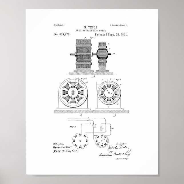 Poster Tesla Eletro Magnetic Motor Patent (Frente)