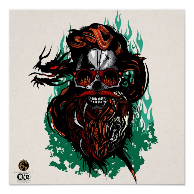 Póster Tête de mort hipster skulls dragon tribal barbu (Frente)