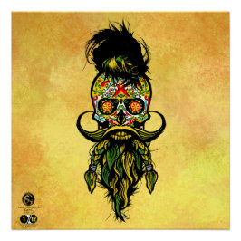 Póster Tête de mort mexicaine hipster skulls barbu et mou