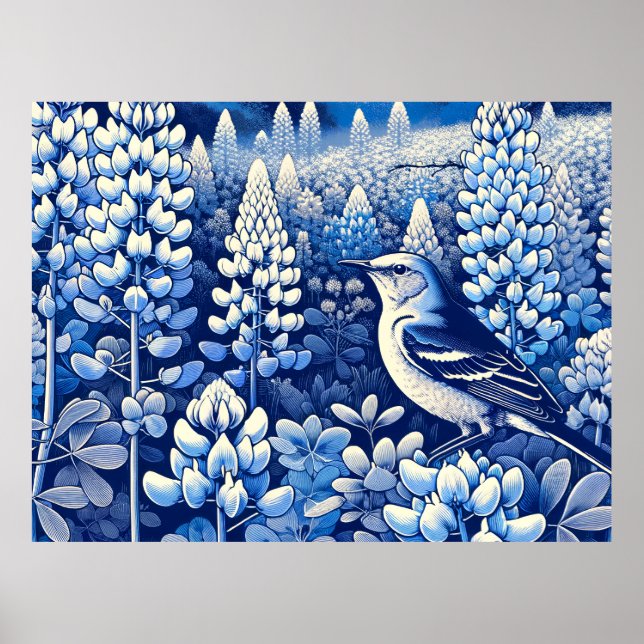 Poster Texas Bluebonnets e Norte Mockingbird Texan (Frente)