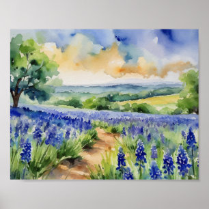 Poster Texas Hill Country Blue Bonnet Watercolor