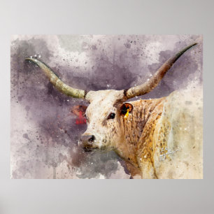 Poster Texas Longhorn Watercolor Photo Fine Art Abstrato