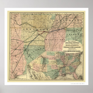 Póster Texas & mapa do nordeste 1872 da estrada de ferro