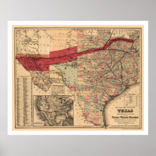 Poster Texas & mapa pacífico 1873 da estrada de ferro