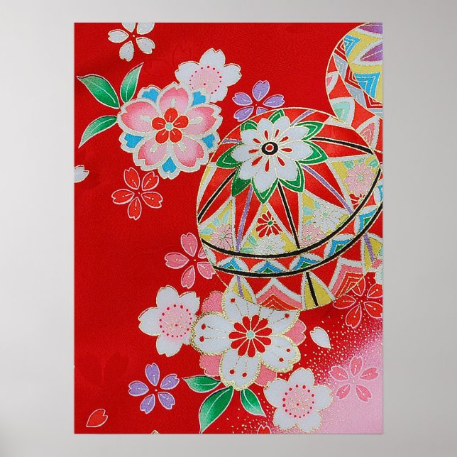 Póster Têxtil KIMONO Japonês, Padrão Floral (Frente)