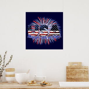 Poster texto da bandeira dos EUA brilha fogos de artifíci