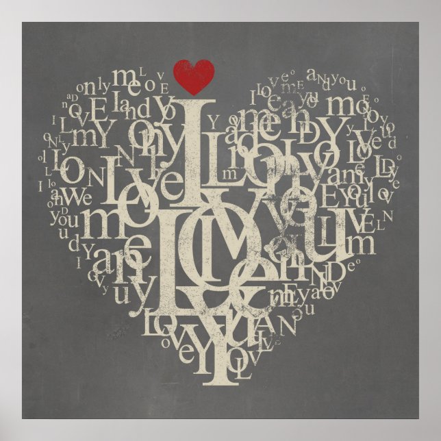 Poster Texto de tipografia de amor cinza cardíaca e poste (Frente)