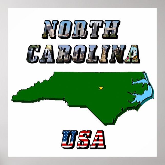 Póster Texto do Mapa da Carolina do Norte, Foto e Sinaliz (Frente)