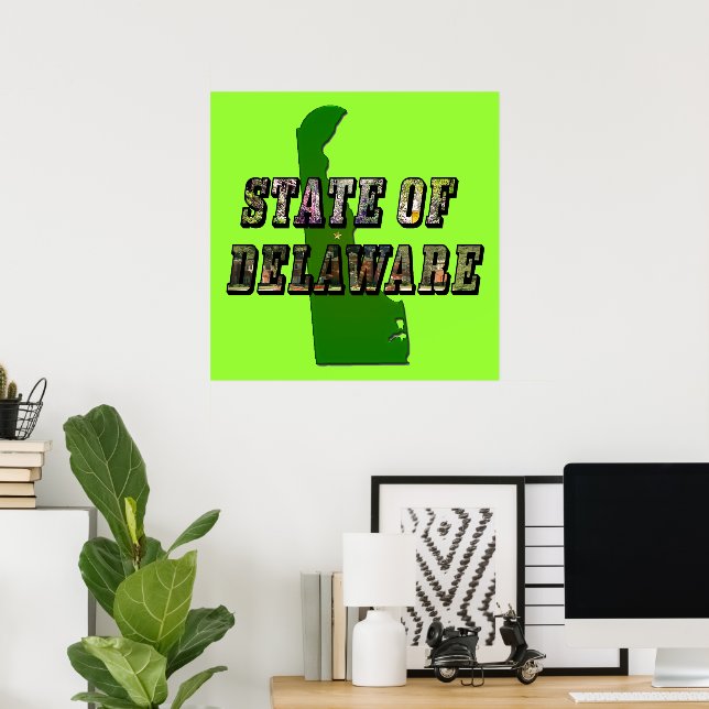 Póster Texto e Mapa de Imagens do Estado de Delaware (Escritório em casa)