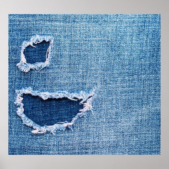 Poster Textura do tecido denim rasgada, matizes azuis. (Frente)