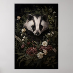 Poster Texugo na Floresta de Flores Impressão, Moody Cott
