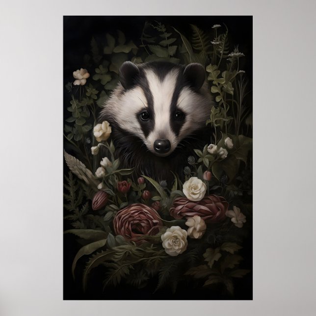 Poster Texugo na Floresta de Flores Impressão, Moody Cott (Frente)