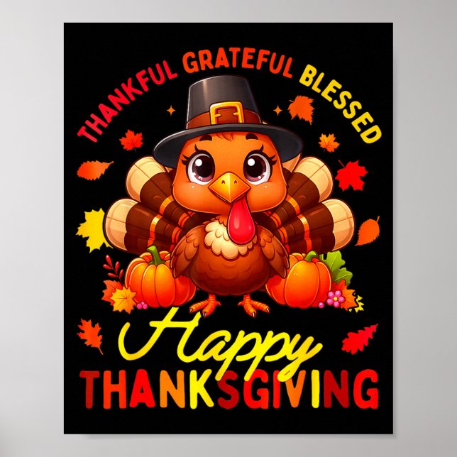 Poster Thankful Grateful Blessed Happy Thanksgiving Turke (Frente)