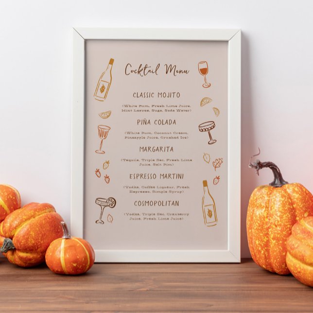 Poster Thanksgiving Hand-Drawn Signature Cocktail Menu (Friendsgiving or Thanksgiving signature cocktail menu sign with fall doodles)