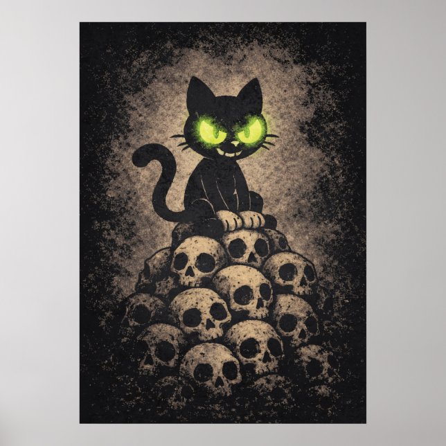 Poster The Last Hiss - Retro Cat On Skulls, Dark Cartoon (Frente)
