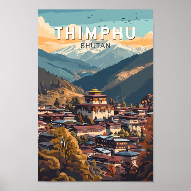 Poster Thimphu Bhutan Illustration Viagem Art Vintage (Frente)