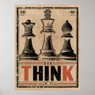 Poster Think Chess Vintage Art | Estratégia Wabi Sabi