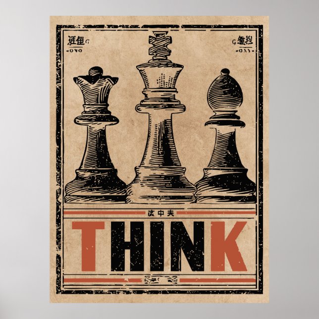 Poster Think Chess Vintage Art | Estratégia Wabi Sabi (Frente)