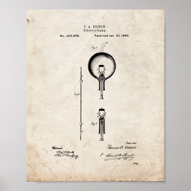Póster Thomas Edison Light Bulb Patent - Olhar Antigo (Frente)