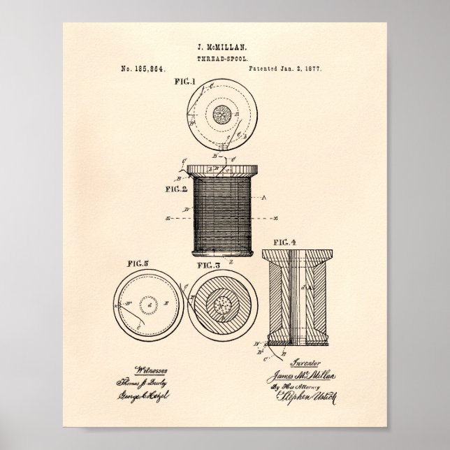 Póster Thread Spool 1877 Patent Art Old Peper (Frente)