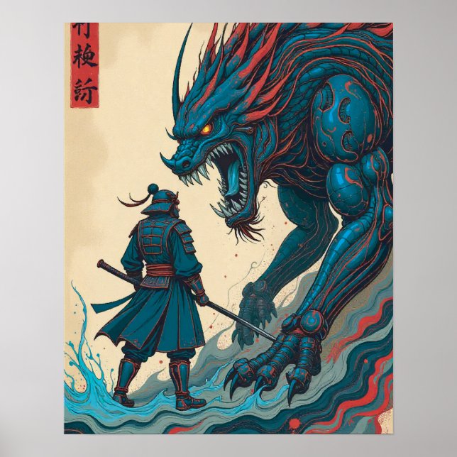 Poster "Threads of War – Cyber Samurai vs Glyph Beast" (Frente)