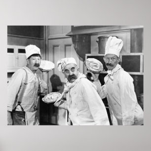 Poster Three chefs holding pies for a fight in the kitche