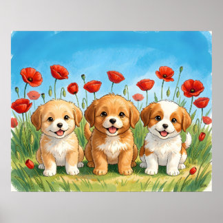 Poster Three Cute Puppies & Red Poppies Watercolour