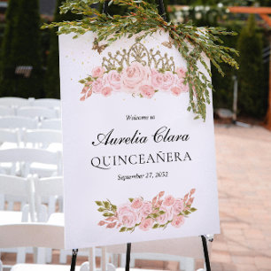 Poster Tiarara Dourada Floral Rosa Corada Bem-vindo Quinc