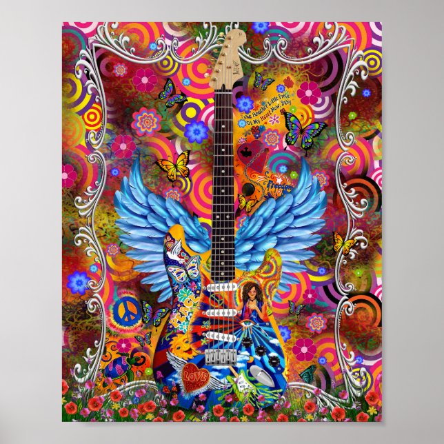 Poster Tie dye, peace, love, guitarras Janis Tribute Post (Frente)