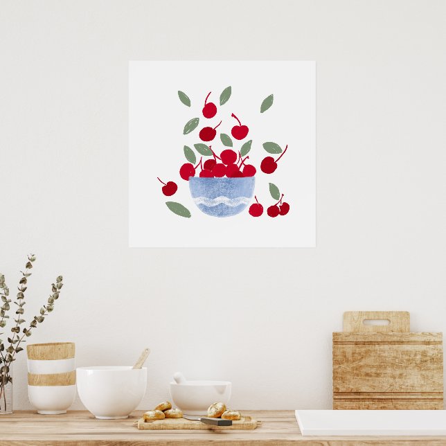 Poster Tigela de Cerejas Aquarela (Cozinha)