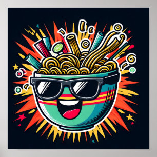 Poster Tigela de Ramen de Macarrão Cartoon Fofo Engraçado